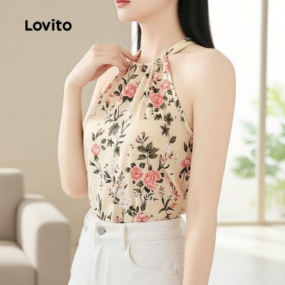 Lovito Kỳ nghỉ Áo kiểu nữ cột dây rút phong cách nghỉ dưỡng mùa xuân hè L137ED657
