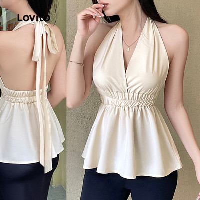 Lovito thanh lịch Áo ba lỗ xếp ly trơn dành cho nữ L125AD285