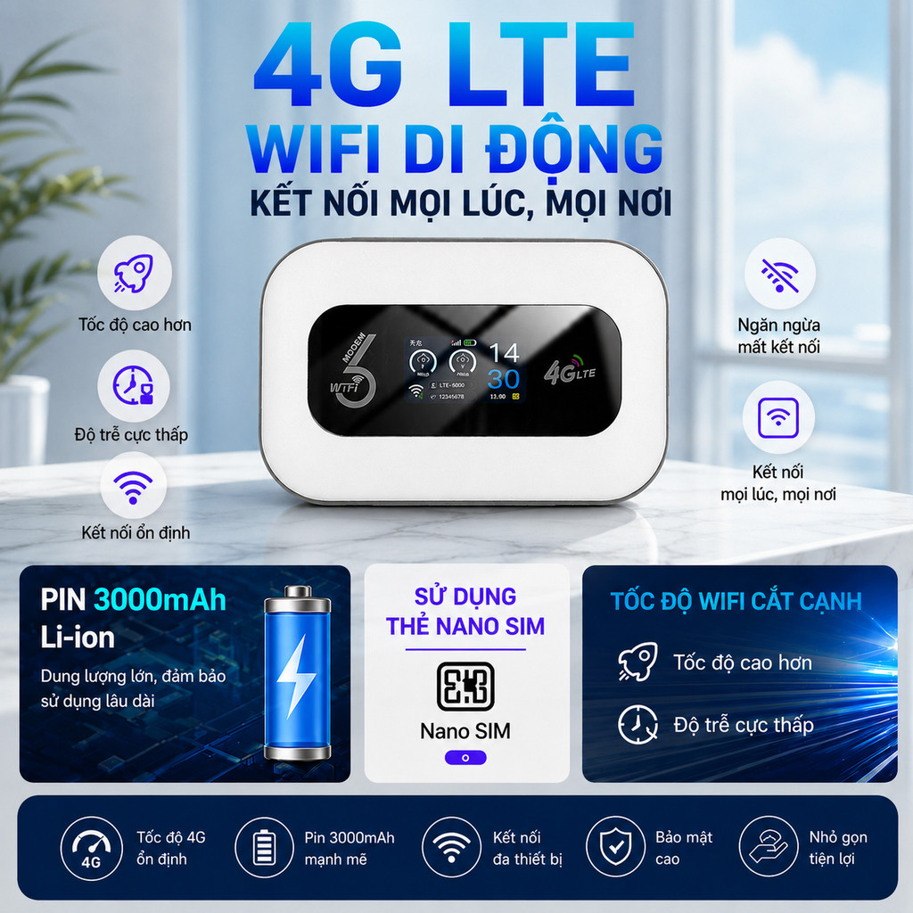 Bộ phát WiFi 4G, cục phát WiFi 4G, WiFi di động, thiết bị phát WiFi LTE tốc độ cao cho văn phòng và 
