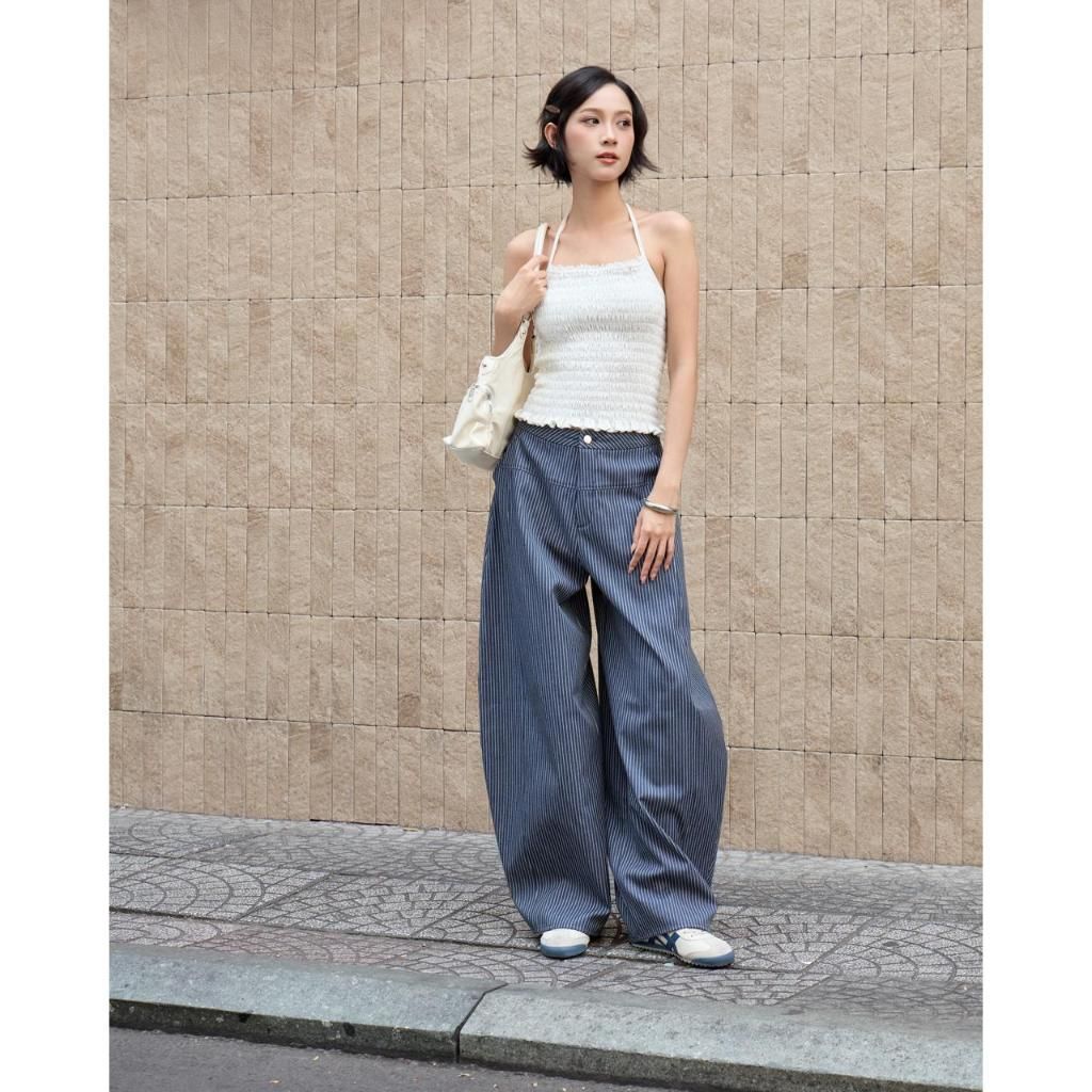 Quần palazzo nữ THE C.I.U, quần kẻ sọc lưng cao ống rộng form dài phong cách công sở – Flux Pants