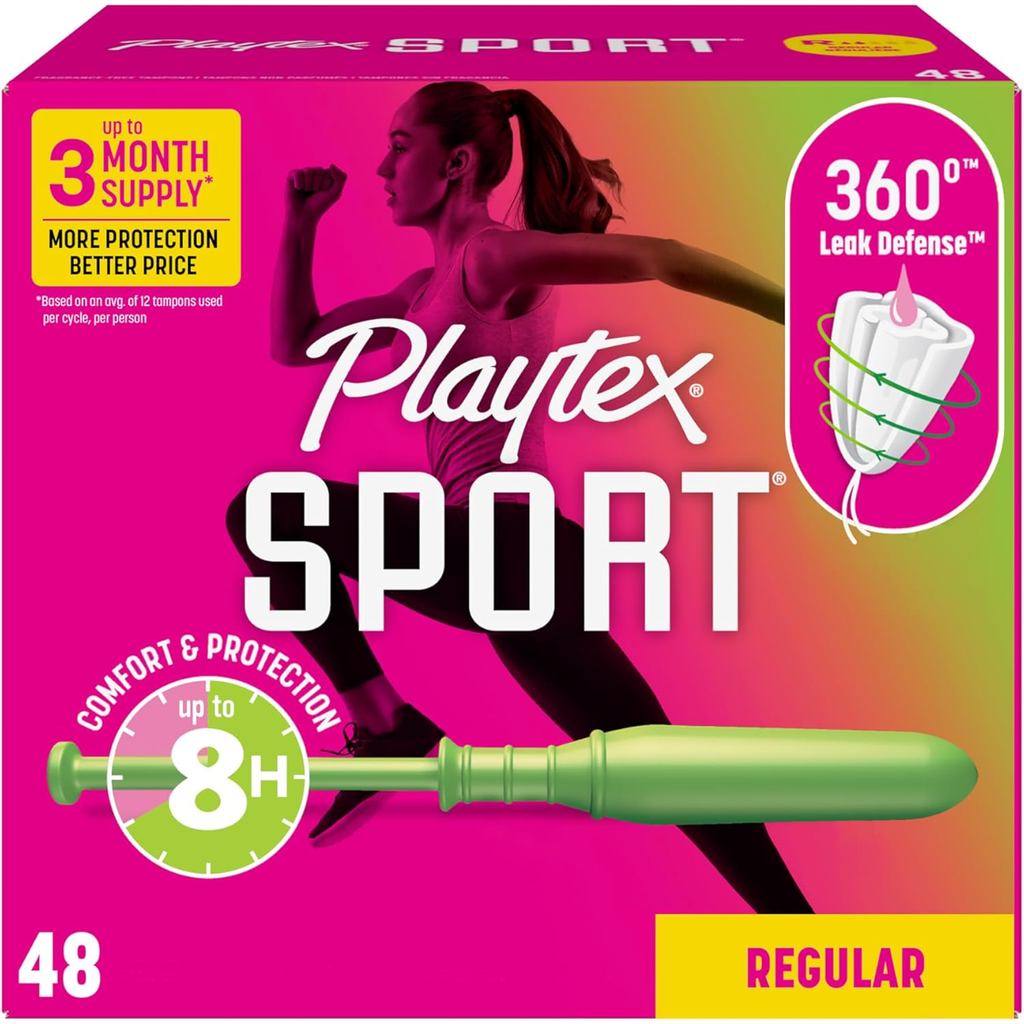Playtex Sport Tampons Regular, với 360 độ chống rò rỉ, không mùi, 48 ct