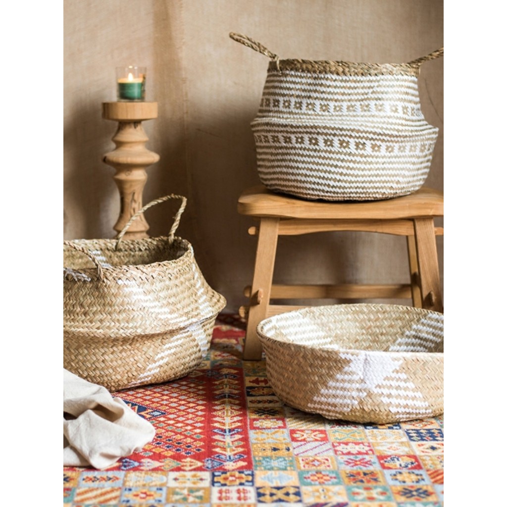 Juhan Handmade Rơm Gấp Giỏ Trang Trí Hoa Giỏ Đựng Hoa Giỏ Chứa Đồ Châu Phi Yếu Tố Bohemian