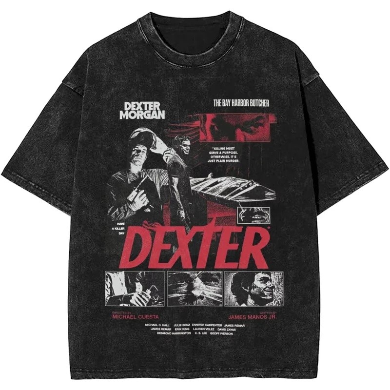Mới Dexter Morgan Phiên Bản Giữa Ngón Tay Retro Thời Trang Giặt Áo Thun Mùa Hè Cotton Nam Nữ