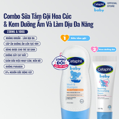Combo 2 bước Sữa tắm gội với Calendula hoa cúc hữu cơ 230ml + Kem dưỡng ẩm làm dịu đa năng Cetaphil Baby 100Gr