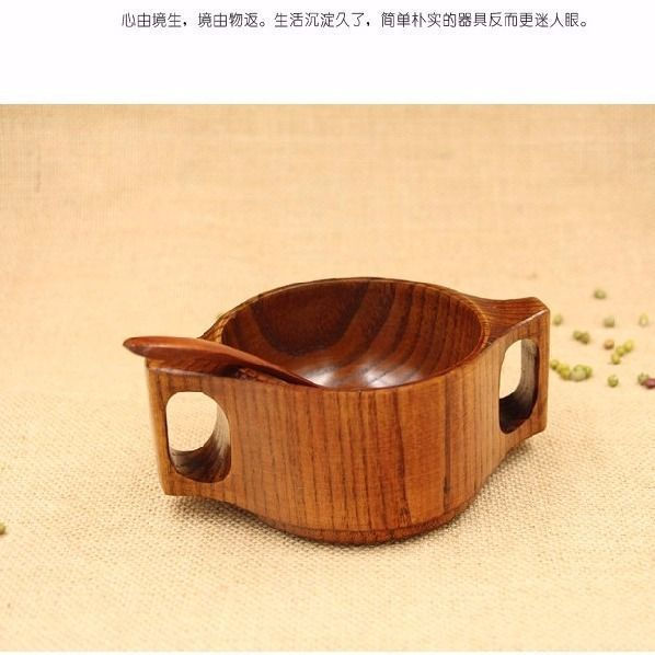 New Japanese-style wooden bowl for children to learn eating safely12y Wooden bowl with two handles, 