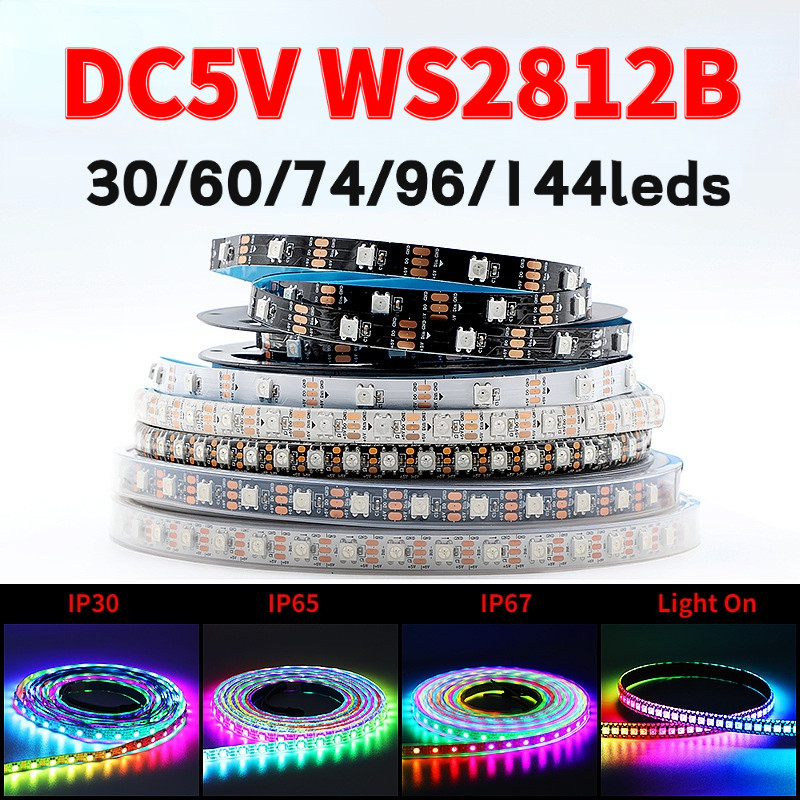 1m / 5 mét / cuộn DC5V Smart WS2812 IC RGB Led Pixel Strip 30 / 60 / 74 / 96 / 144 Led / m WS2812 PC