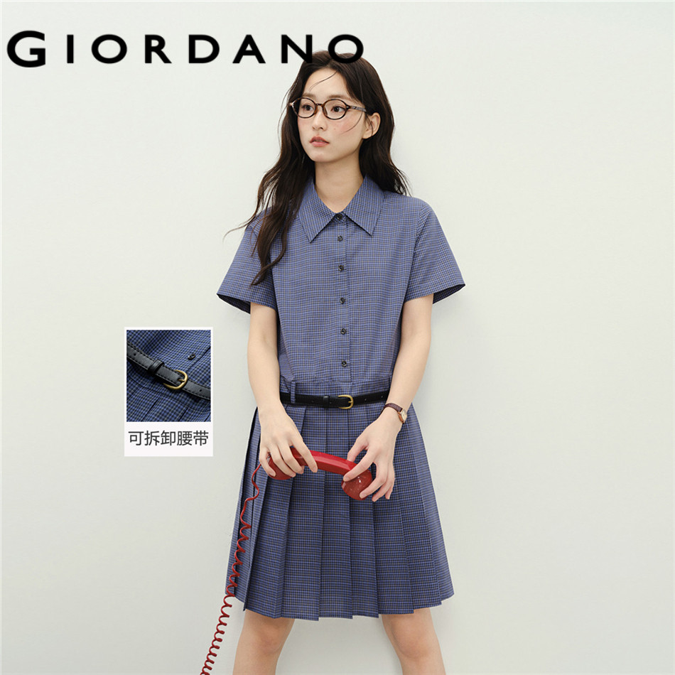 GIORDANO WOMEN Checked belted knee length shirt dress 18466819