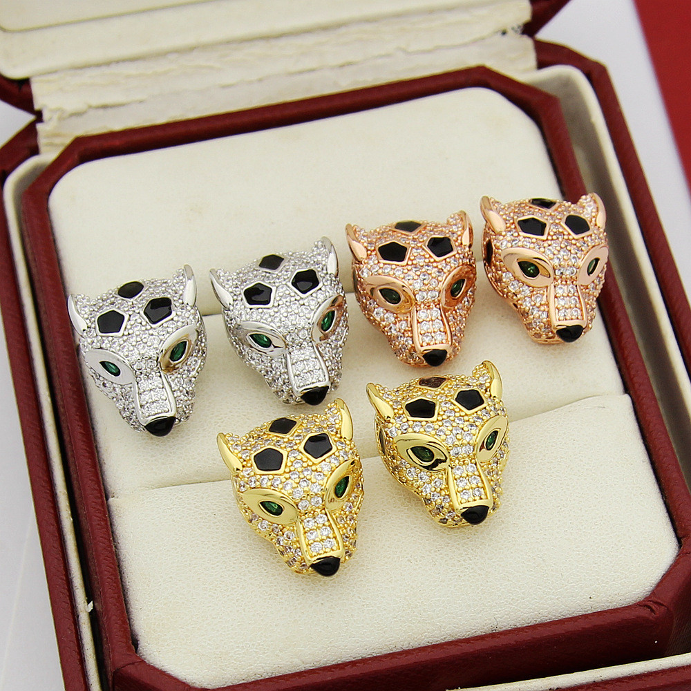 9LTV Leopard head earrings, leopard studs, diamond eyes, oil-drip diamonds, green leopard studs