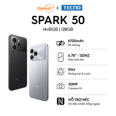Điện thoại TECNO SPARK 50 (4+8)GB/128GB - Pin 6700mAh | Camera AI 50MP | IP64 | Màn hình 6.78” 120Hz | NFC
