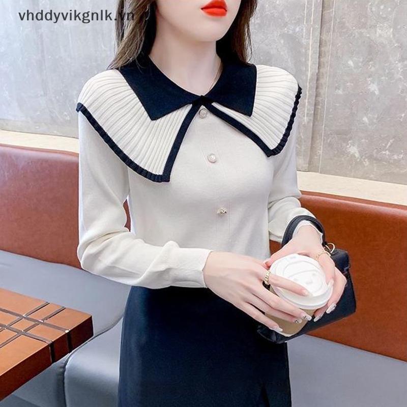 Vhd Hàn Quốc Màu Sắc Tương Phản Cổ Búp Bê Ve Áo Dài Tay Mỏng Dệt Kim Áo Len Nữ VN