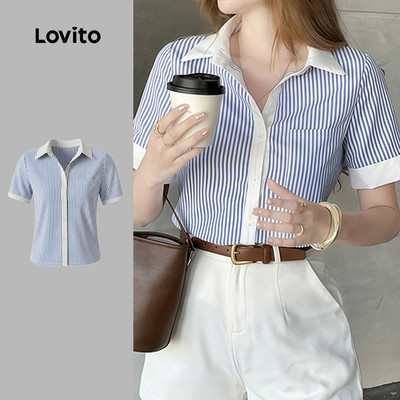 (New Arrival) Lovito Áo sơ mi nữ màu xanh phối màu cổ điển và đa năng cài nút thường ngày LK4AD082