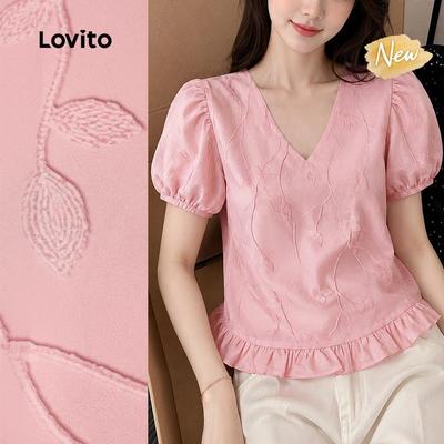(New Arrival) Lovito Áo sơ mi nữ màu hồng xuân hè bèo nhún tay áo cutout phong cách thường ngày BLB198P1D216
