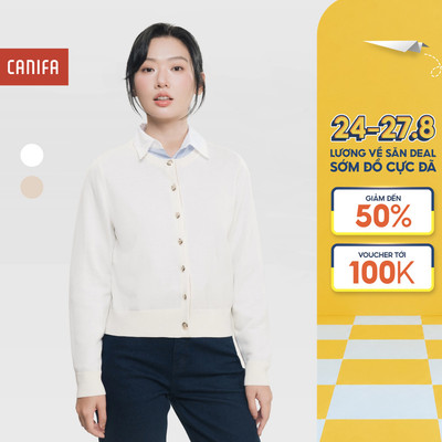 Áo len lông cừu dáng cardigan nữ CANIFA cổ tròn dài tay basic thu đông giữ ấm tốt 6TC25W004