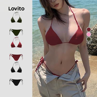 Lovito Kỳ nghỉ Bikini gợi cảm cột dây rút mùa xuân/hè màu xanh quân đội cho nữ LNE134045