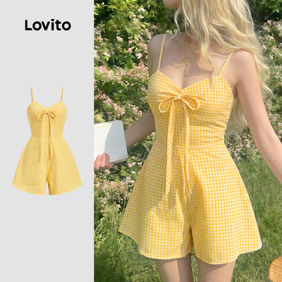 Áo liền quần nữ Lovito trắng đỏ xuân hè dây kéo nơ phong cách thường ngày LK5ED474