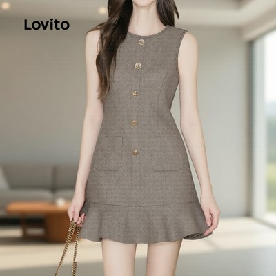 (Phong cách thường ngày) Lovito Váy khaki cài nút viền bèo túi cho nữ L171AD076