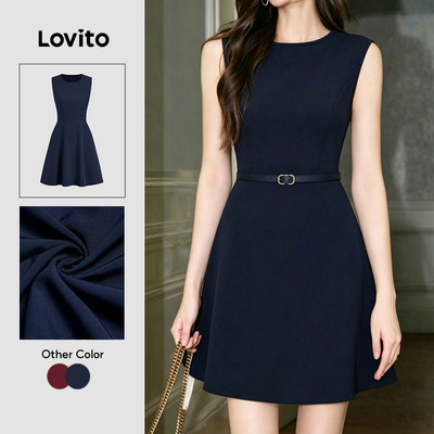 (New Arrival) Lovito Đầm nữ màu xanh dương đậm mùa xuân hè có khóa kéo thanh lịch L196LD514