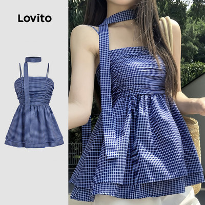 Áo nữ Lovito xanh dương xuân hè lai bèo xếp nếp phong cách thường ngày L184ED807