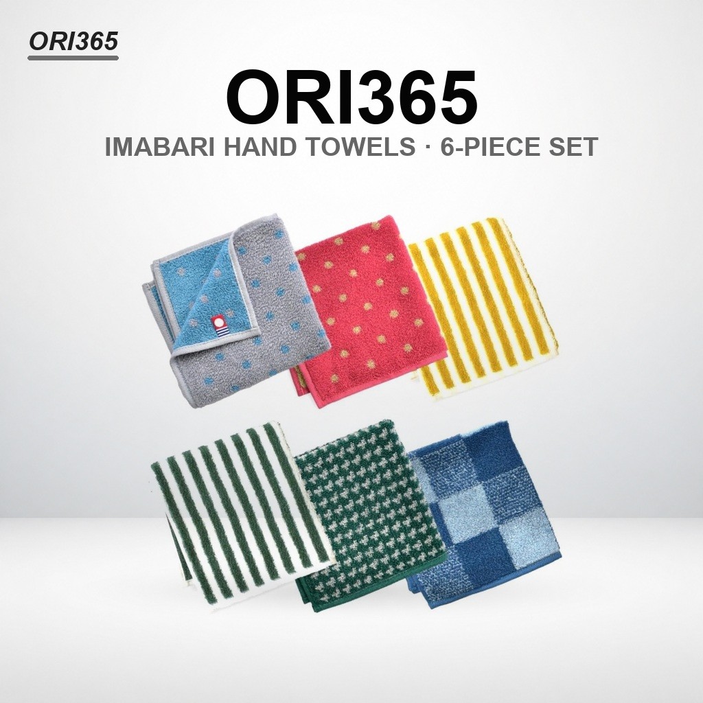 ORI365 Imabari Cotton Hand Towel Set - 6 Pieces, 100% Absorbent Cotton, Made in Japan, 25×25cm, Perf