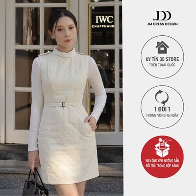 Đầm Cổ Tròn Sát Nách 2 Hàng Cúc 1F33.2511, Đầm Chần Bông Không Tay Chữ A Ngắn Dáng Cổ Điển Thanh Lịch Thiết Kế Bởi JM