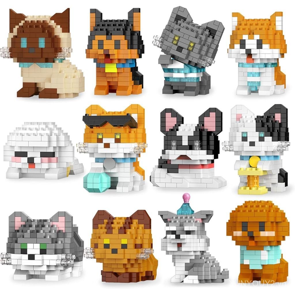 12 Pack Mini Building Blocks Cat and Dog Set, Micro Bricks Pet Animal Figures, Party Favors Building