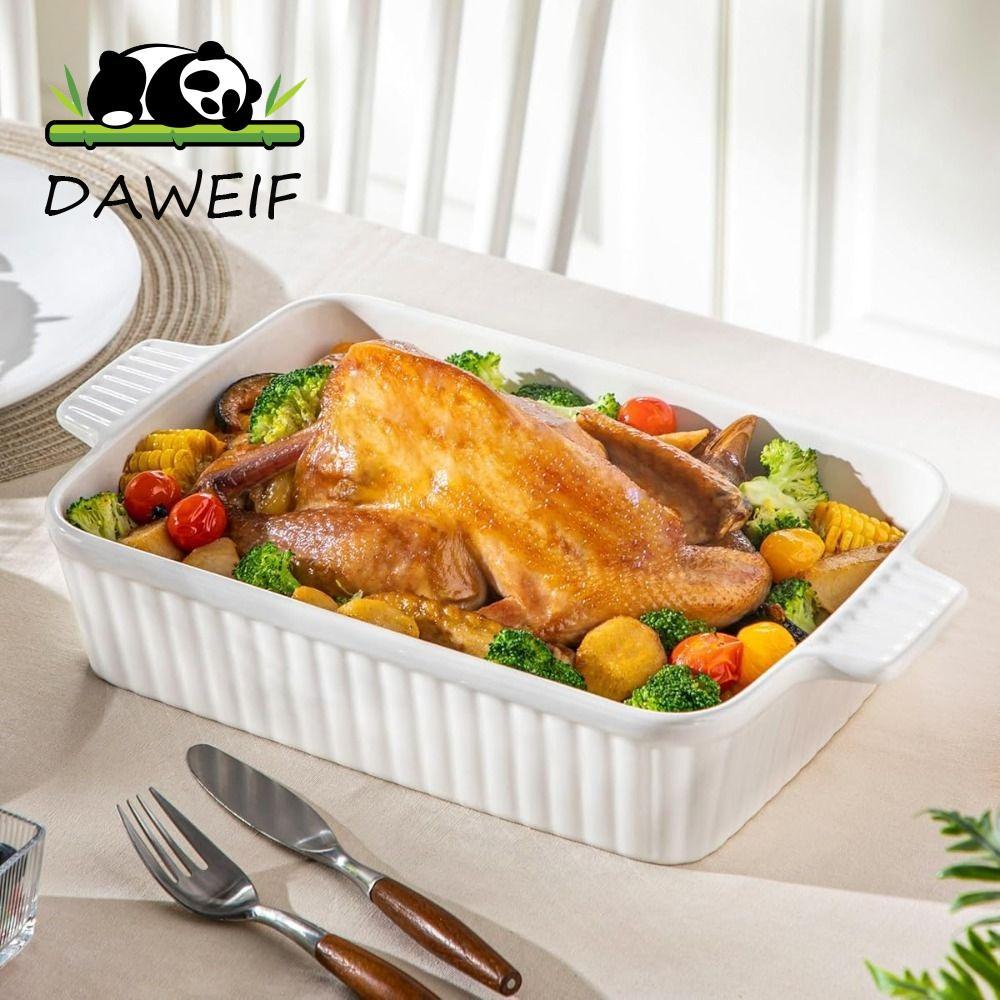Đĩa nướng bánh DAWEIF, Khay nướng gốm sâu hình chữ nhật, họa tiết sọc đa năng có tay cầm Gà nướng La