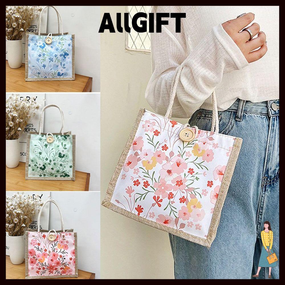 AllGIFT Túi xách vải ALLGIFT, Túi đựng đồ ăn trưa bằng vải lanh Cotton có thể tái sử dụng, Đơn giản có nút / Túi xách sách có khóa kéo dành cho nữ