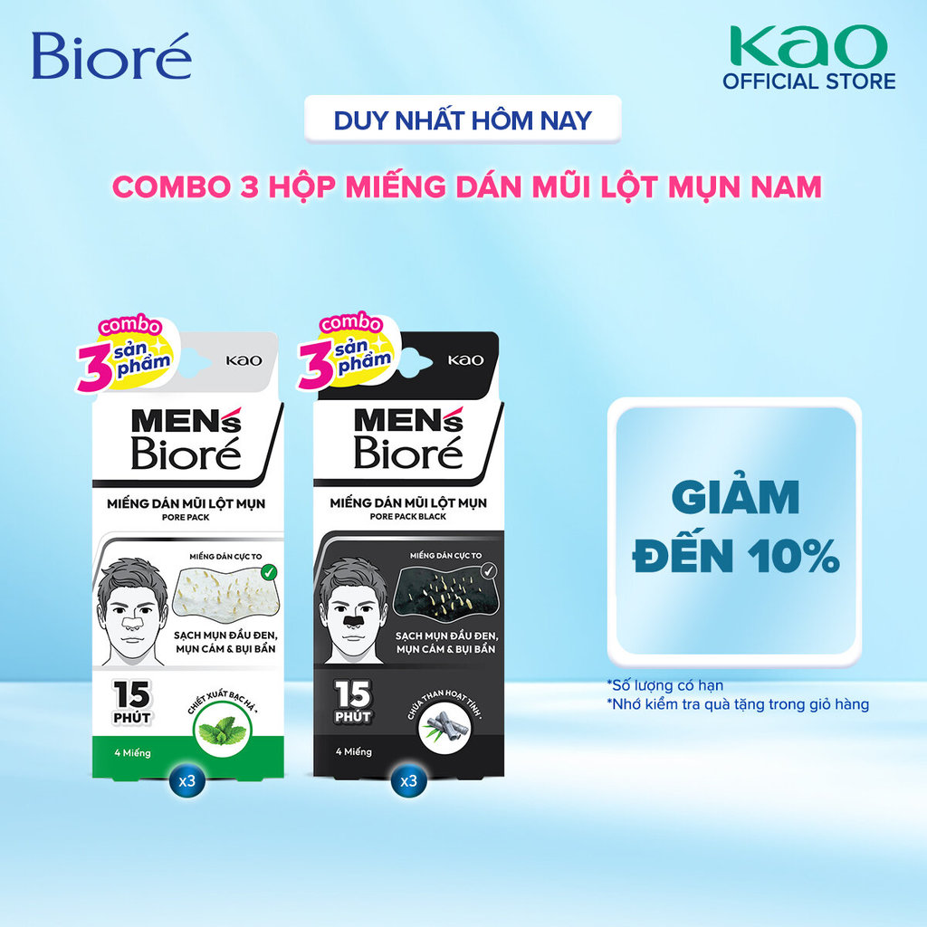 (Chọn loại) Combo 3 Biore Miếng Dán Lột Mụn Mũi Nam Men's Biore