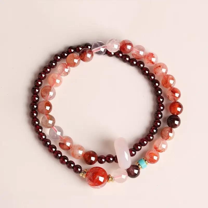 Garnet Đỏ Mã Não Hai Lớp Vòng Tay Trượt Nhỏ May Mắn Hòa Bình Thời Trang Hai Vòng Dây Lắc Tay Quà Tặn