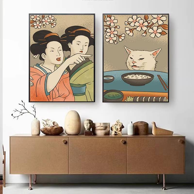 Woman Yelling At a Cat Poster Vintage Japanese Geisha Home Decor Funny Canvas Painting Wall Art Prin
