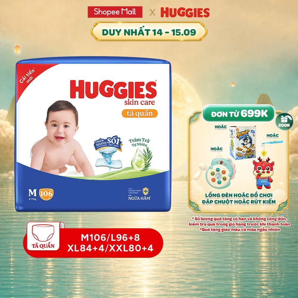 Tã quần Huggies Skincare Mega Jumbo M106/L96+8/XL84+4/XXL76+4 với tràm trà dịu da