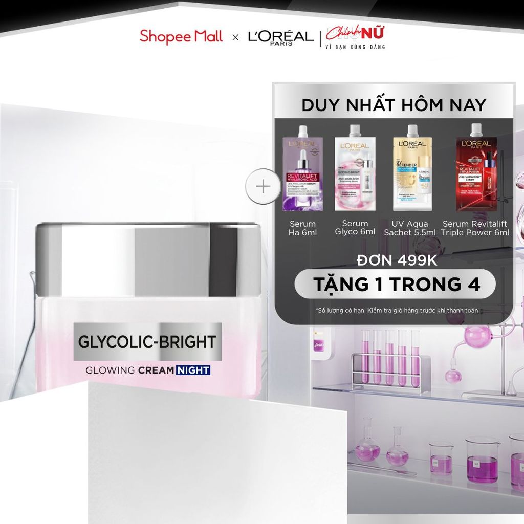 Kem dưỡng ban đêm dưỡng sáng mịn & mờ thâm nám L'Oreal Paris Glycolic (AHA) Bright [Glycolic+ Niacinamide] + 50ml