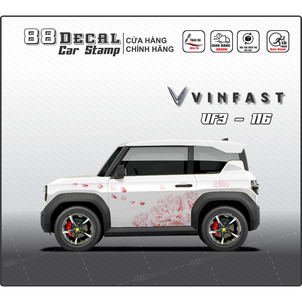 Tem dán xe VF3 - Decal cao cấp. Mẫu hoạt tem hoa hồng (đầy đủ màu).1 bộ gồm 2 mặt (Mẫu VF3-116)