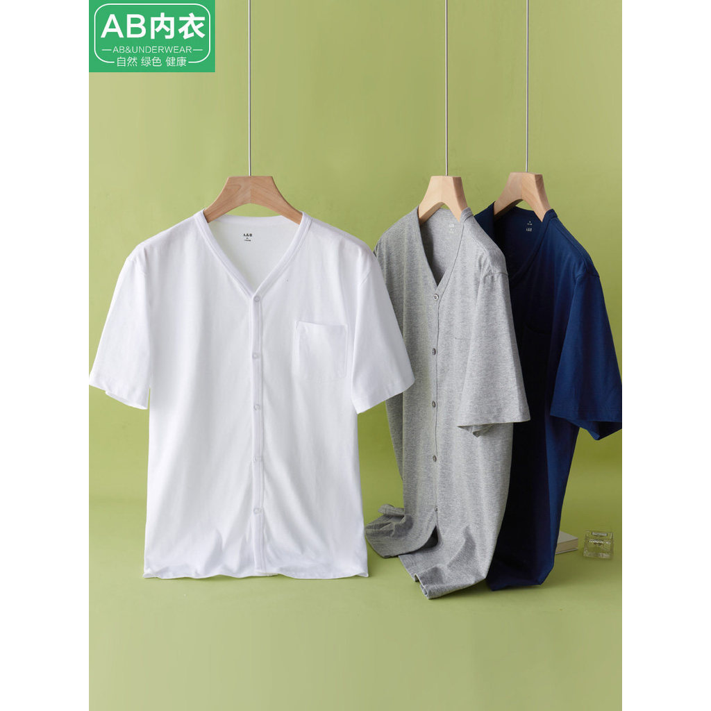 AB Người Cao Tuổi Trung Niên Nam Ngắn Tay Áo Thun Cotton Nguyên Chất Cổ Chữ V Mùa Hè Cặp Cardigan Rờ