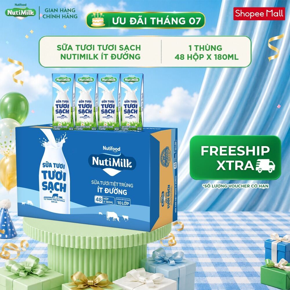 Thùng 48 Hộp Sữa Tươi Tươi Sạch NutiMilk Ít Đường 180ml
