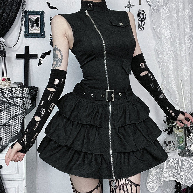 CF25043 Dark Gothic Retro Dây Kéo Áo Váy 2025 Phong Cách Mới Độc Đáo Phố Punk Đầm Nữ
