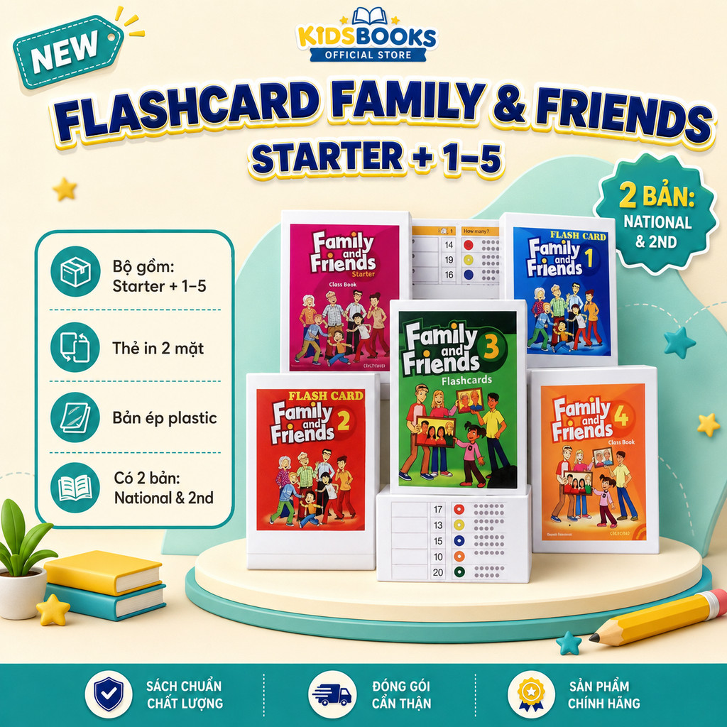 Flashcard Thẻ từ vựng  Family and friends (Starter, Starter Phonics, 1,2,3,4,5) In 2 mặt ép plastic
