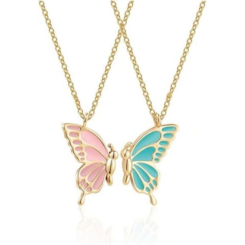 Friendship Butterfly Necklace for 2 Women BFF Creative Charm Colorful Enamel Moth Wing Chain Pendant