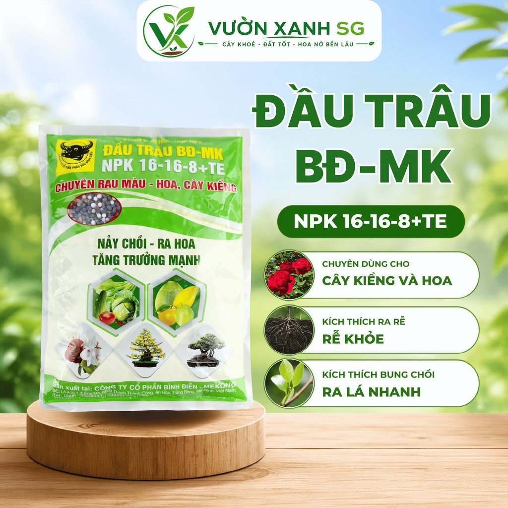 Phân Bón Đầu Trâu NPK 16-16-8+TE 1kg Vườn Xanh SG - Bón Gốc Cho Rau, Hoa, Bổ Sung NPK Và Vi Lượng
