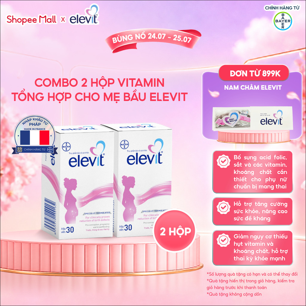 [LS deal] Combo 2 Thực phẩm bảo vệ sức khỏe Elevit bổ sung Acid Folic, Sắt, Canxi, Các Vitamin và Cá