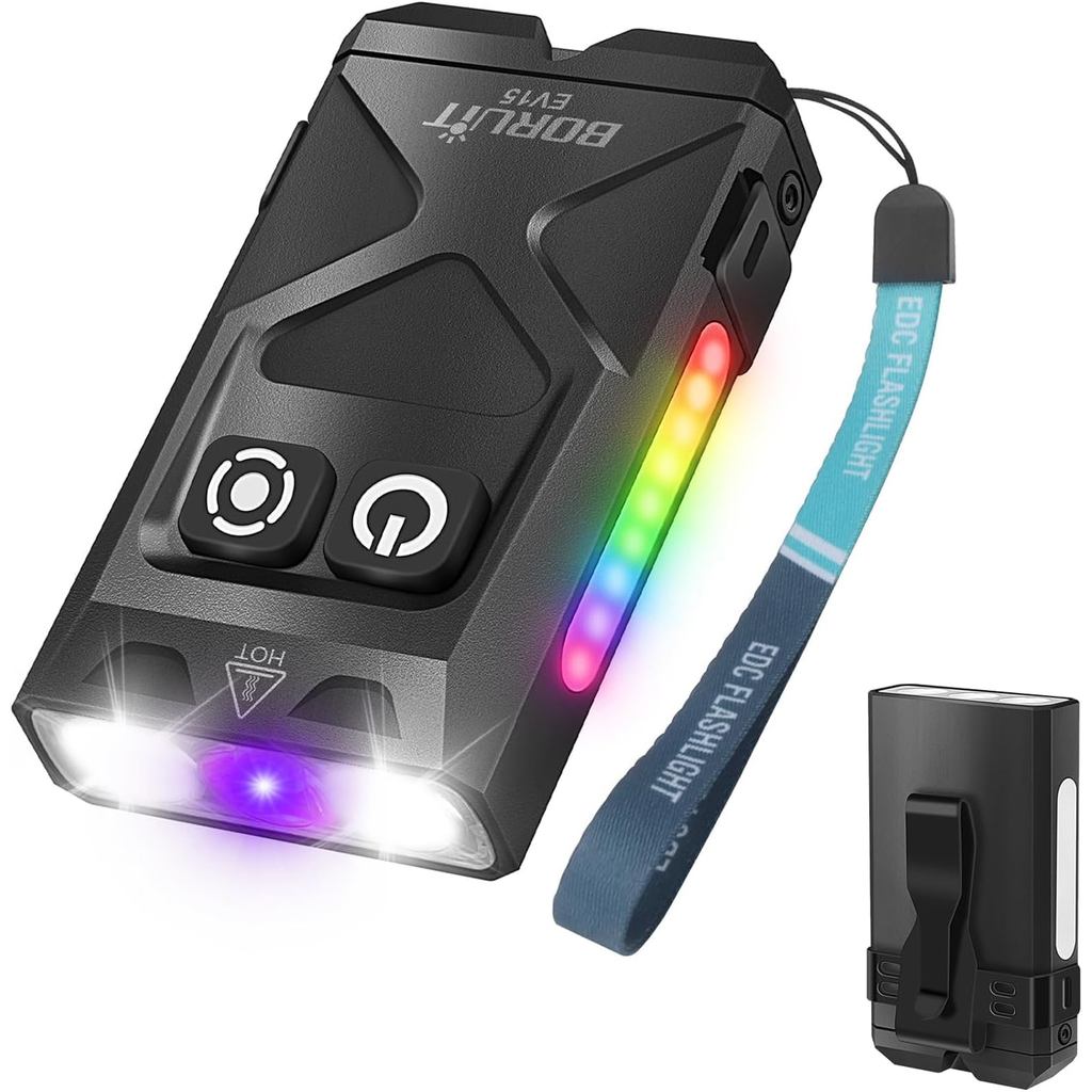 Đèn pin EDC có thể sạc lại BORUIT EV15 với đèn UV 365nm và đèn bên RGB, pin bỏ túi móc khóa Mini LED