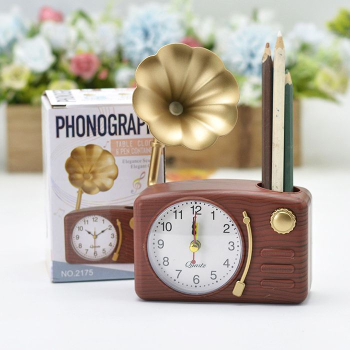 Alarm clock gramophone12y table clock with new vintage trinkets, alarm clock, creative pen holder fo