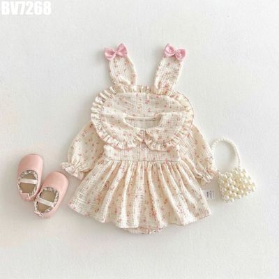 Body Váy Bé Gái Hoa Nhí Tay Bồng Phối Bèo Nơ Hồng Mũ Đồng Bộ Mềm Thoáng Chụp Ảnh MINTSCLOSET BV7268