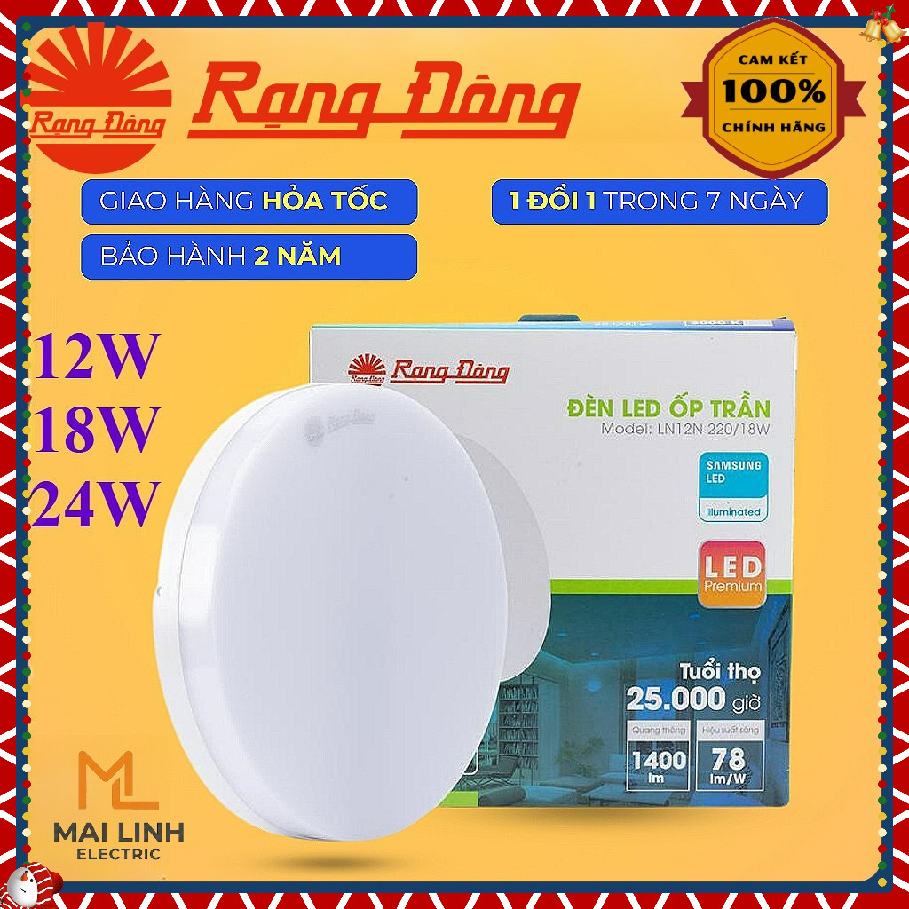 Đèn Led ốp nổi trần tròn 12W-18W-24W (Đế Nhựa) Rạng Đông - Tràn viền -KT: 170-220-300mm - Model LN12