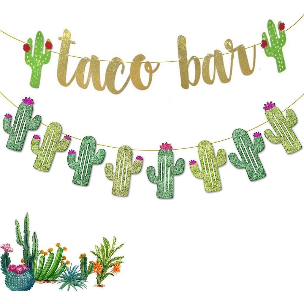 2 Bộ Fiesta Taco Bar Xương Rồng Biểu Ngữ Vòng Hoa, Vàng Xanh Lấp Lánh Fiesta Biểu Ngữ Cho Tiệc Fiest