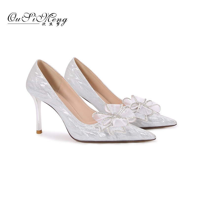 Butterfly Wedding Shoes for Women, Champagne Gold Xiuhe Bridal Gown, Bridal Pointed-Toe High Heels