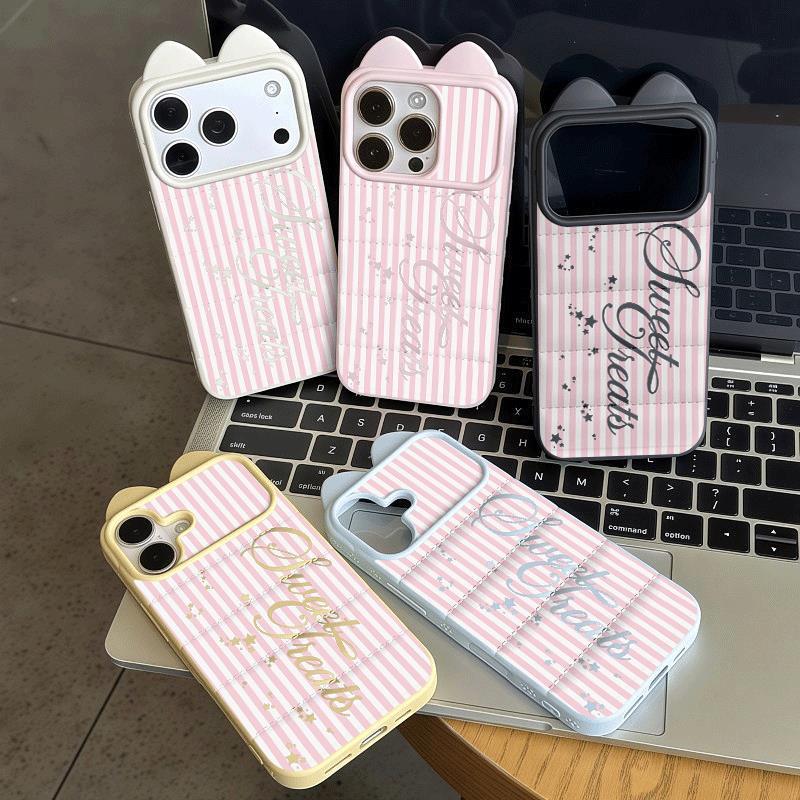 Đường kẻ sọc hồngMặt nạ mèo phù hợp với vỏ điện thoại 17 Pro, iPhone 16/15/14/13