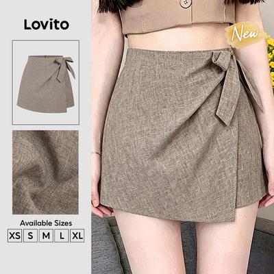 (New Arrival) Lovito Quần short kaki phong cách mùa xuân/hè dáng ngắn nhún bèo buộc nơ dành cho nữ L198ED3177