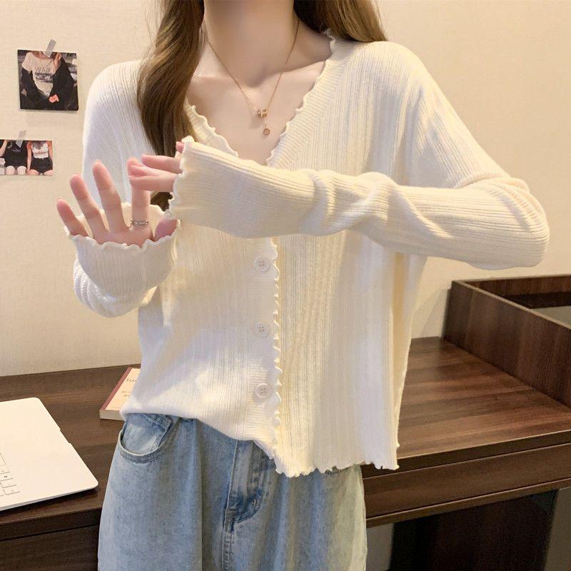 [Ưu đãi trong thời gian có hạn] Áo dài tay mỏng hơn phong cách mới với áo khoác Cardigan dệt kim cổ chữ v có viền nấm Bo