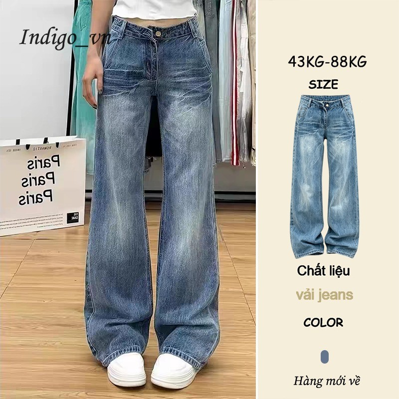 【Indigo】 Quần jean nữ rách ống loe, dáng suông dài chấm đất